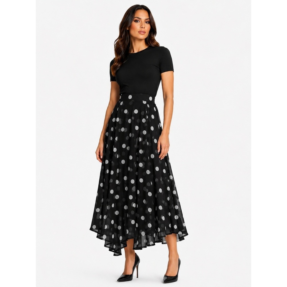 Montgomery Post Veronica Polka Dot High Low Maxi Skirt Black White Size S NWT